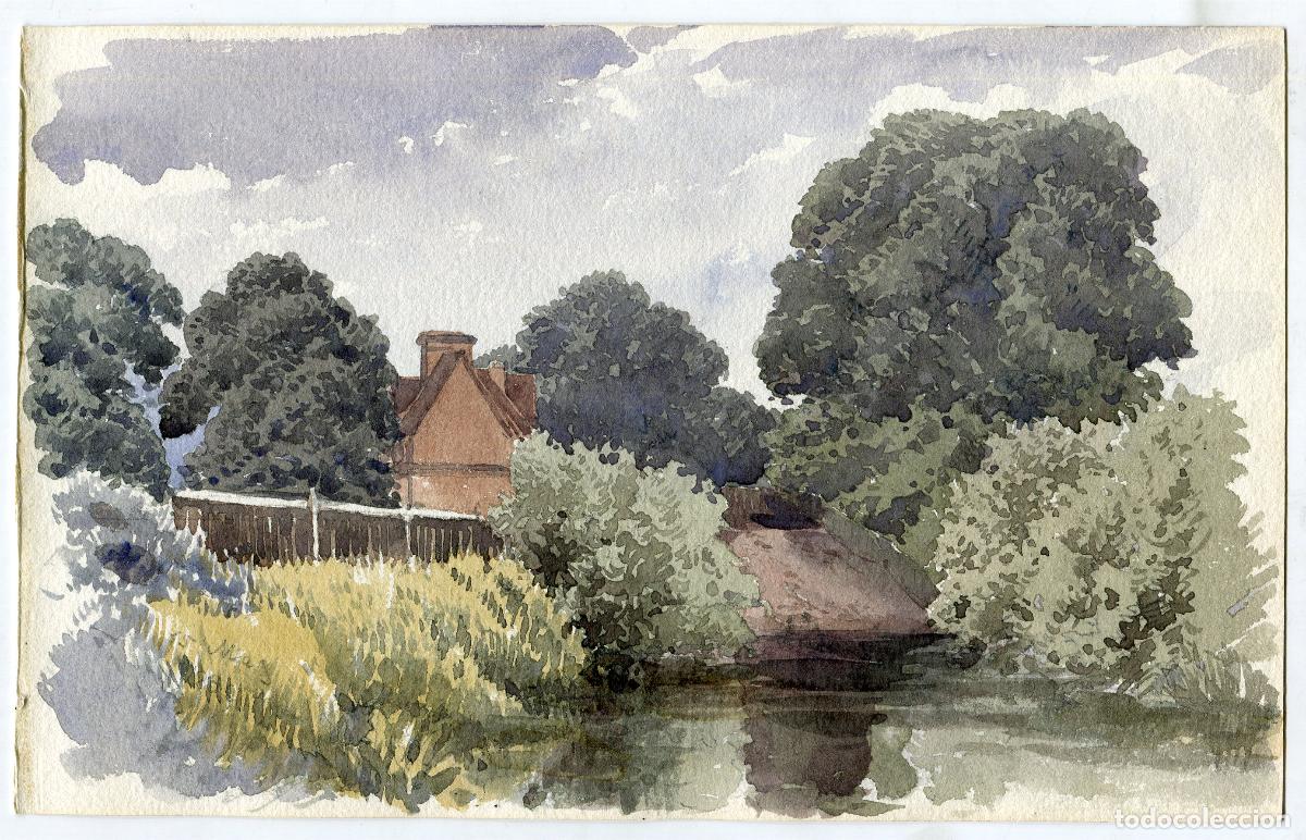 Arte: Casa junto al estanque - Acuarela original inglesa s. XIX, an&oacute;nima
