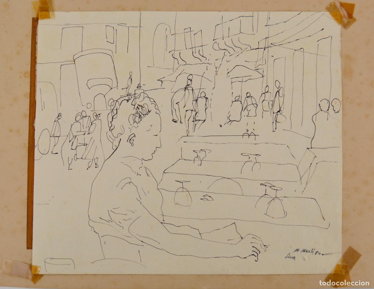 Art: Mujer en una terraza, dibujo a punta fina sobre papel, firma ilegible, artista por identificar.