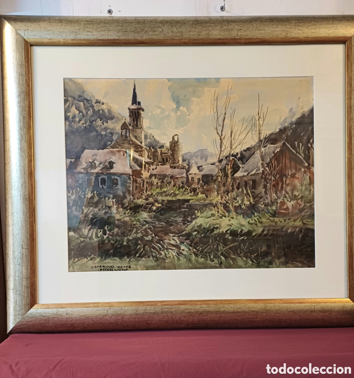Art: ESPECTACULAR ACUARELA CEFERINO OLIV&Eacute; PUEBLO DE MONTA&Ntilde;A 1974, 96 X 80 cm.