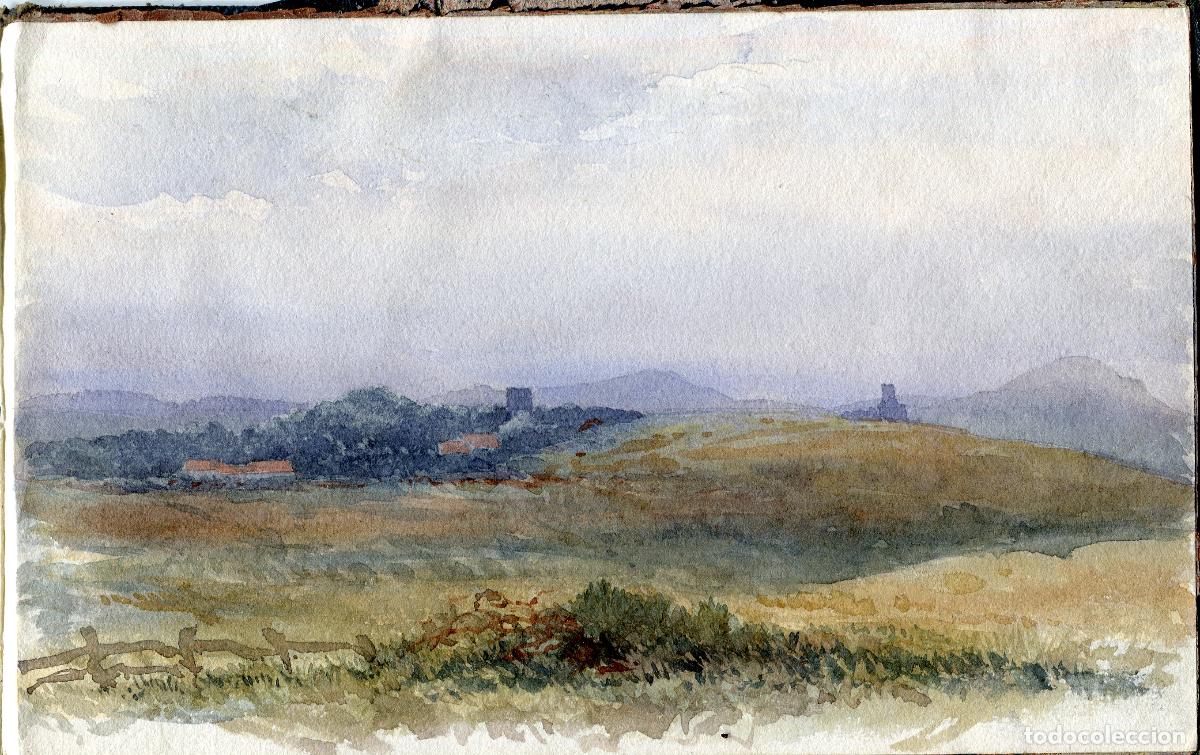 Kunst: Paisaje de campi&ntilde;a con torres al fondo - acuarela original - h. 1900