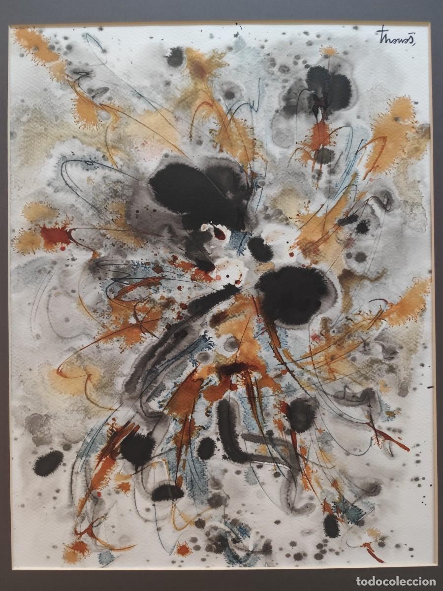 Arte: Acuarela abstracta firmada Tharrats, t&eacute;cnica mixta sobre papel, enmarcada