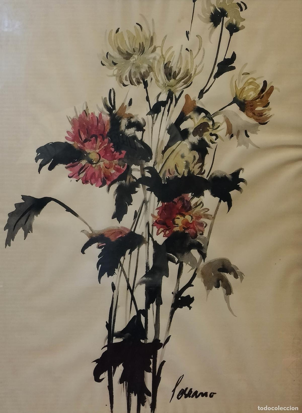 Art: RAMILLETE DE CRISANTEMOS. JOSEP MIQUEL SERRANO. TINTA Y ACUARELA SOBRE PAPEL. ESPA&Ntilde;A. SIGLO XX.