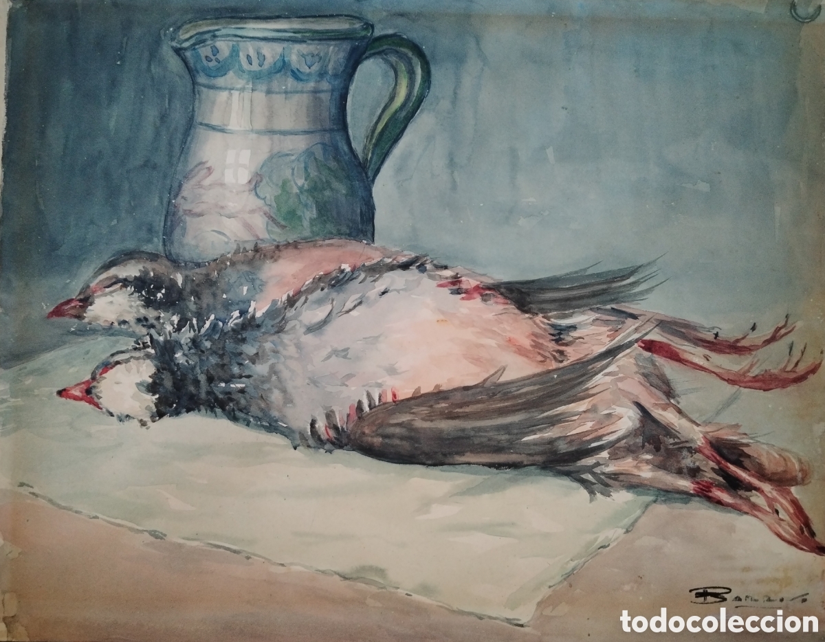 Arte: BARROSO. Acuarela con escena de caza.