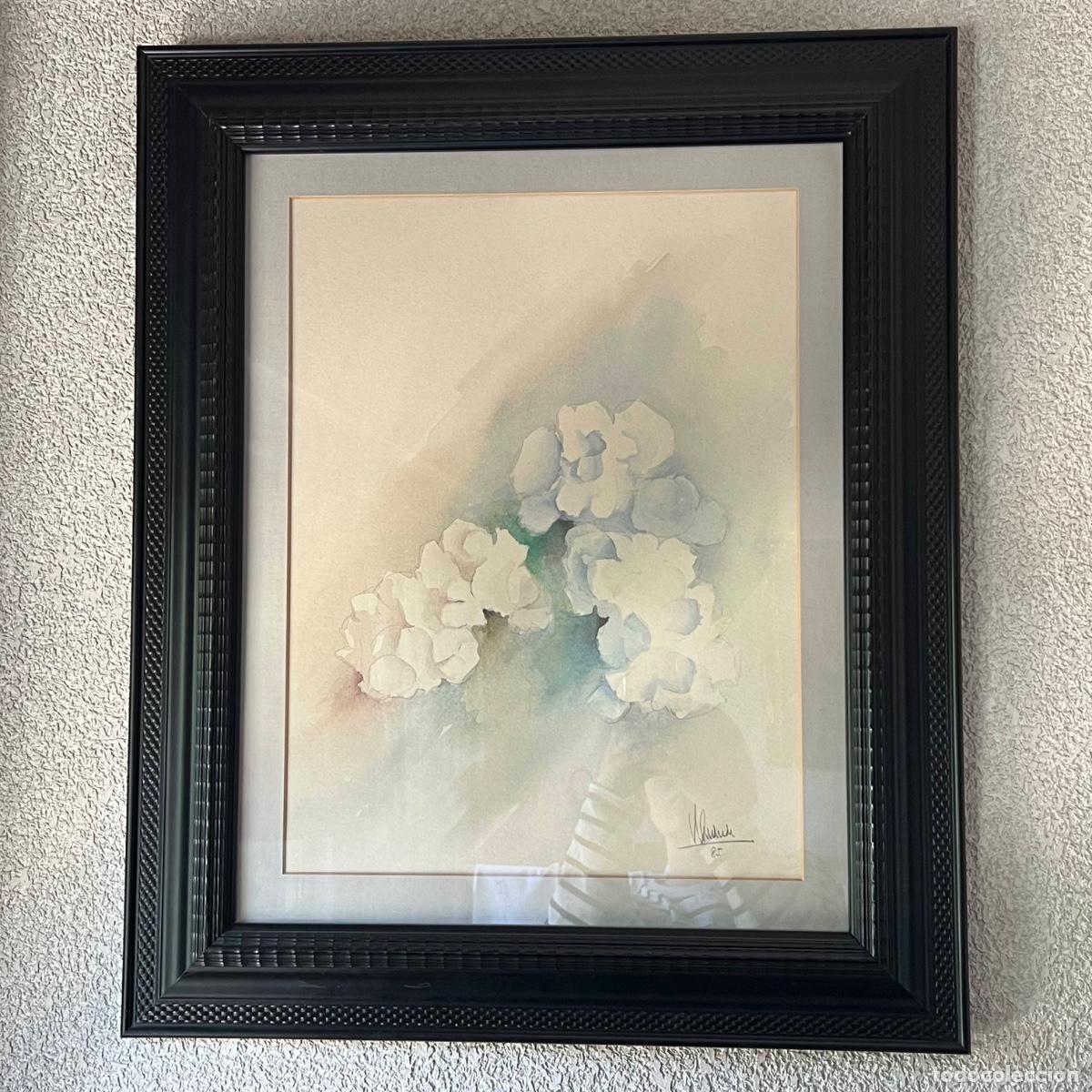 Arte: Acuarela Original de Flores S. XX - Firmada y Fechada 1985 - Enmarcado de Alta Calidad con Paspart&uacute;