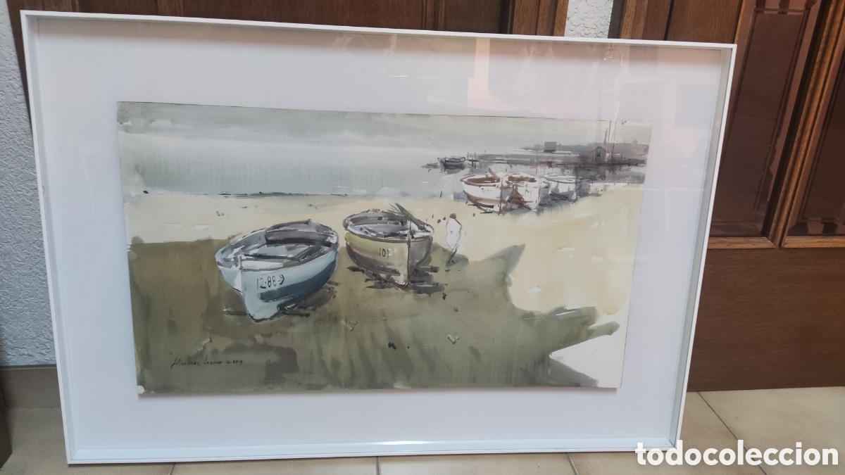 Art: Acuarela original de Josep Mart&iacute;nez Lozano, &rdquo;Barcas en la playa&rdquo;, enmarcada