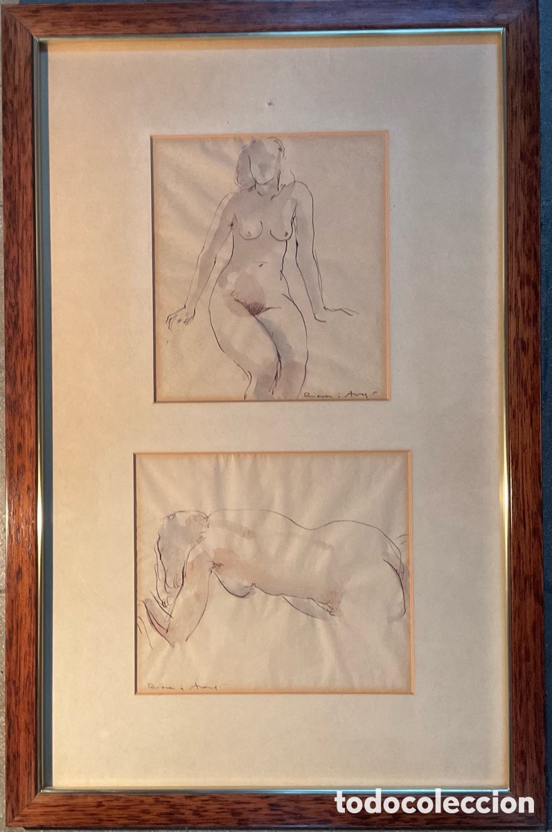 Arte: RIERA I ARAG&Oacute; 2 DESNUDOS FEMENINOS DIBUJOS ORIGINALES FIRMADOS T&Eacute;CNICA MIXTA