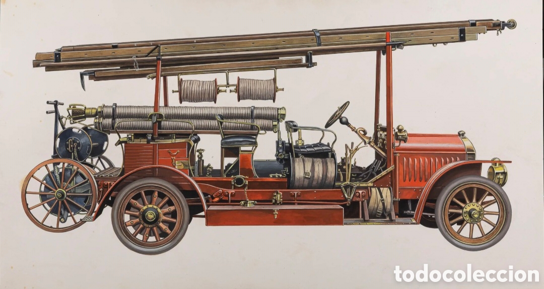 Art: Carlo DEMAND (1921-2000) Cami&oacute;n de bomberos - Escalera Delahaye aguafuerte sobre cartulina 65x36 cms