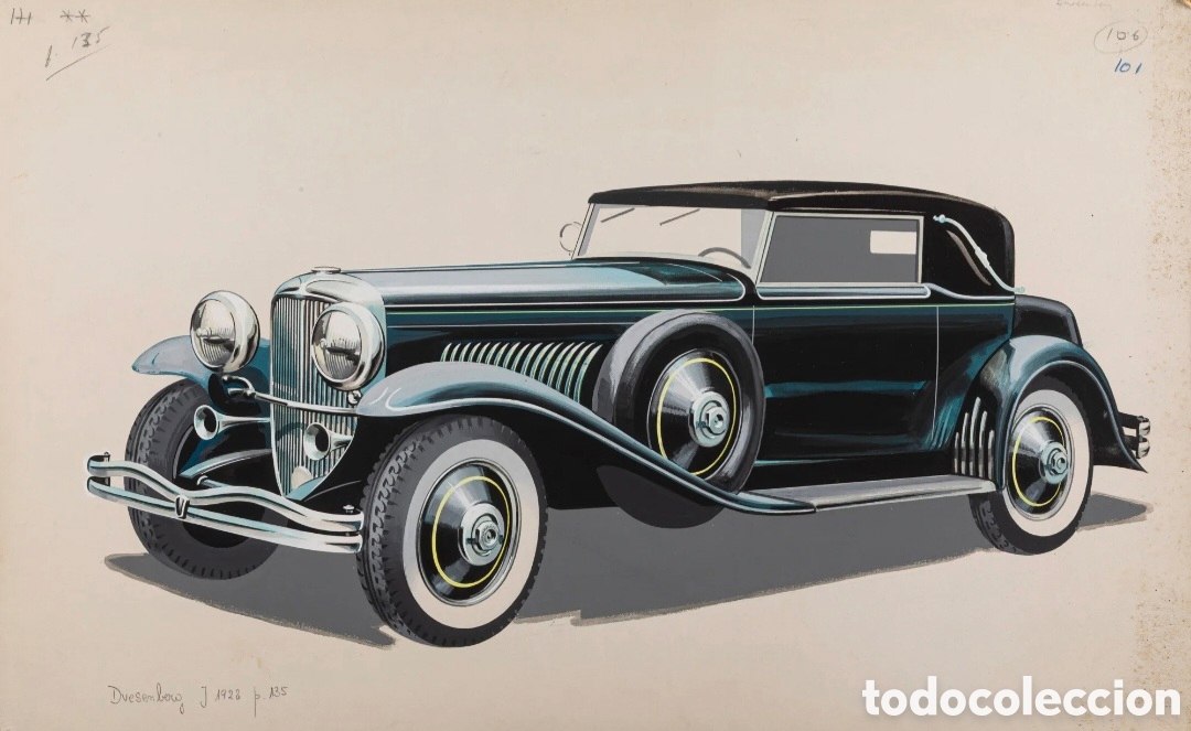 Art: Pierre DUMONT (1920-1987) Duesenberg J 1928 - Gouache sobre cartulina 31 x 50 cms