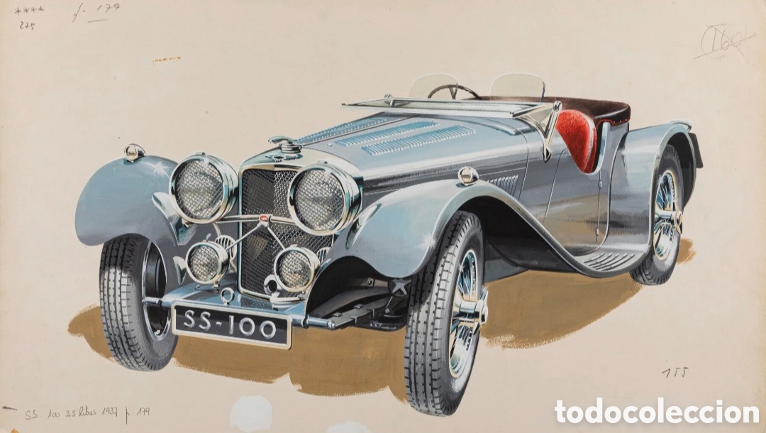 Art: Pierre DUMONT (1920-1987) Jaguar S.S. 100 de 3,5 litros, 1937 - Gouache sobre cartulina 28 x 49,5 cm