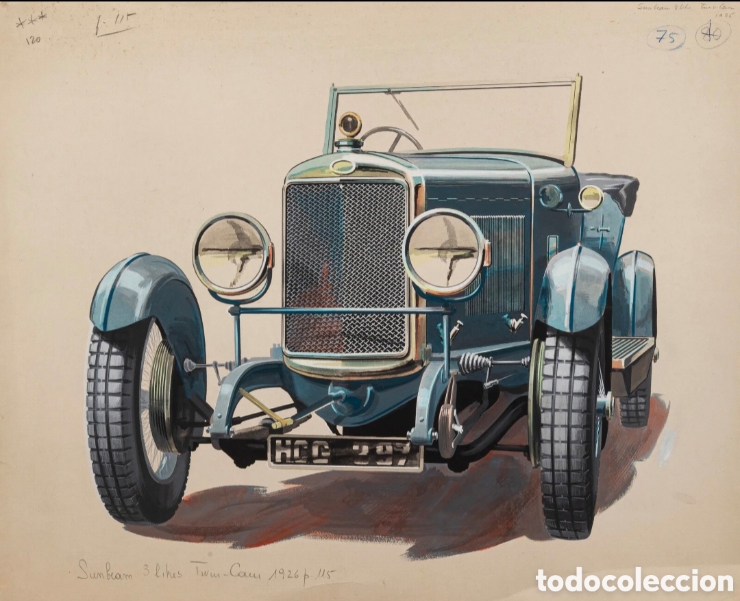 Arte: Pierre DUMONT (1920-1987) Sunbeam 3 litros Twin-Cam 1926 - Gouache sobre cartulina 40 x 50 cms