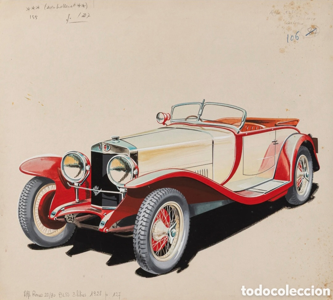 Arte: Pierre DUMONT Alfa Romeo 22/90 RLSS 3 litros 1928 - Gouache 34,5 x 38,5 cm - Derivado gran turismo,