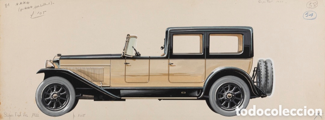 Arte: Pierre DUMONT Super Fiat V12 Brougham 1922 - Gouache 19 x 50 cms top prototipo V 12
