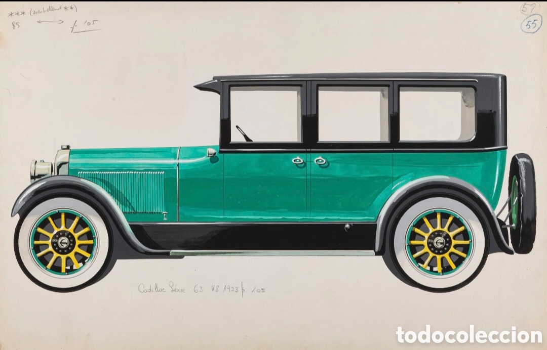 Arte: Pierre DUMONT Cadillac Serie 63 V8 de 1923 - Gouache 32 x 50 cms primer arranque el&eacute;ctrico