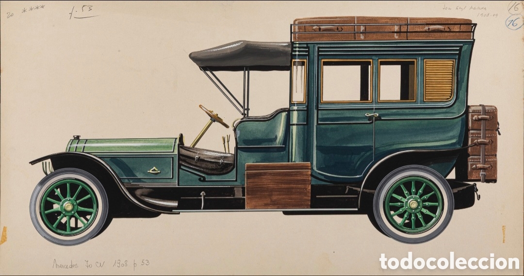 Arte: Pierre DUMONT (1920-1987) Mercedes 70cv 1908 - 27 x 50 cm - &iexcl;PRIMER MERCEDES 6 CILINDROS SERIE 1906