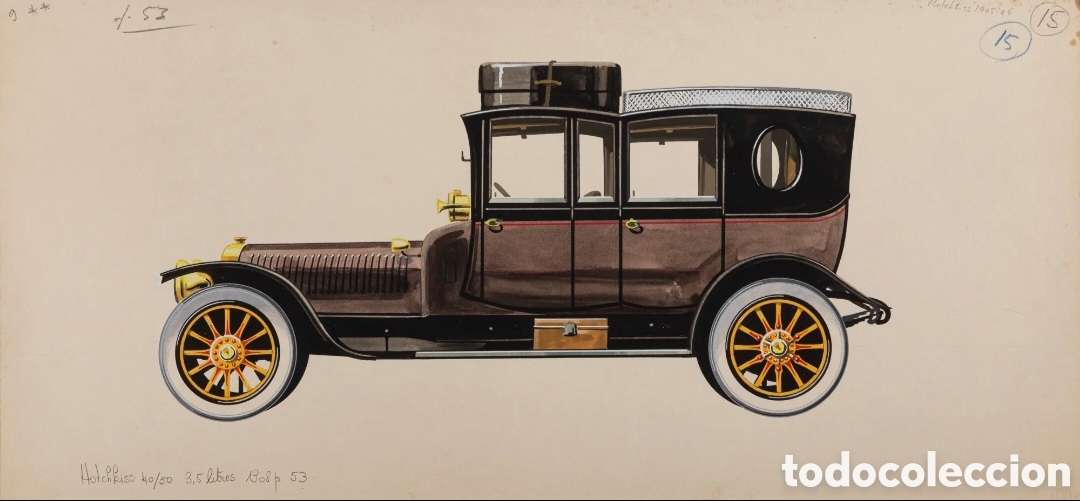 Arte: Pierre DUMONT (1920-1987) Hotchkiss 40/50 litros, 1908 - 24 x 50 cm - MAGN&Iacute;FICO BERLINA DOBLE VIAJE