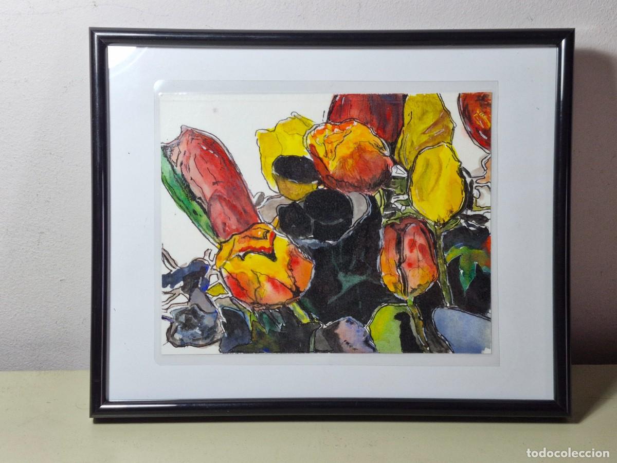 Arte: Acuarela Original plastificada y enmarcada. Tulipanes.