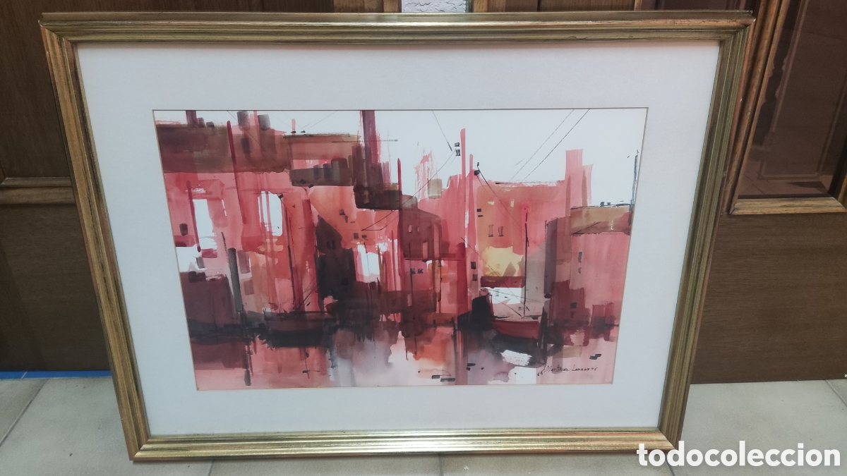 Arte: Acuarela original Mart&iacute;nez Lozano, 1996, paisaje urbano-portuario expresionista, enmarcada con crist