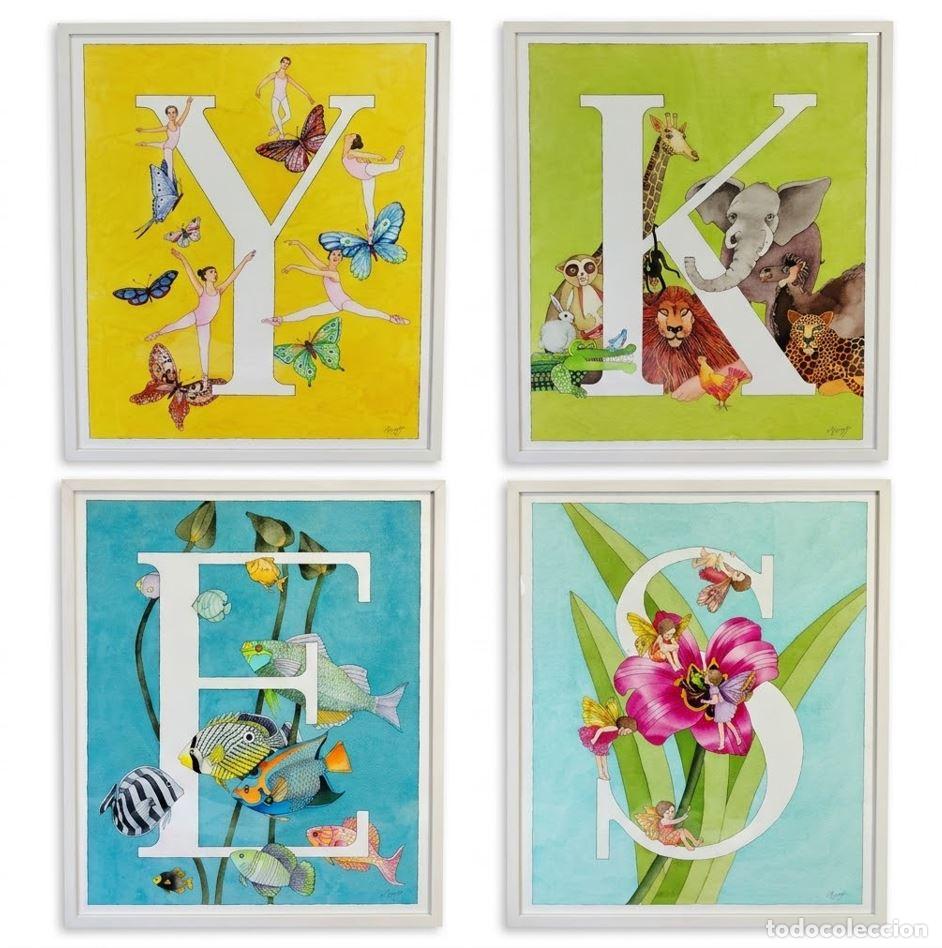Arte: COLECCI&Oacute;N DE CUADROS INFANTILES CON LETRAS DEL ABECEDARIO. FIRMADO MURFF. TINTA Y ACUARELA. SIGLO XX