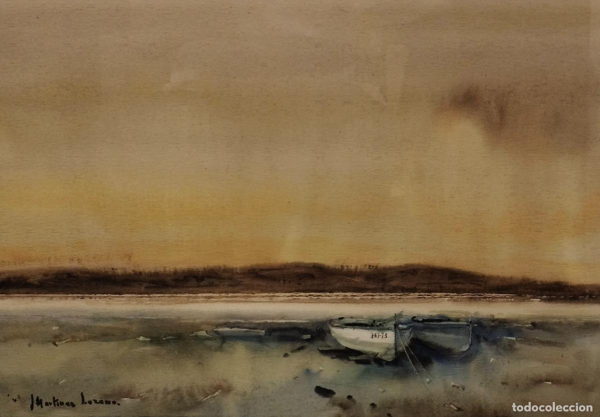 Arte: EMBARCACIONES AL ATARDECER. MART&Iacute;NEZ LOZANO. ACUARELA SOBRE PAPEL. ESPA&Ntilde;A. SIGLO XX.