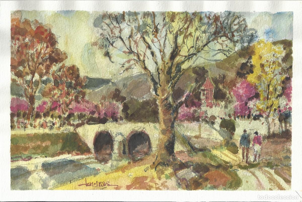 Arte: Carlos Enrique Lencinas G&oacute;mez. Acuarela sobre papel. &rdquo;Paisaje rural con puente&rdquo;. Firmado a mano.