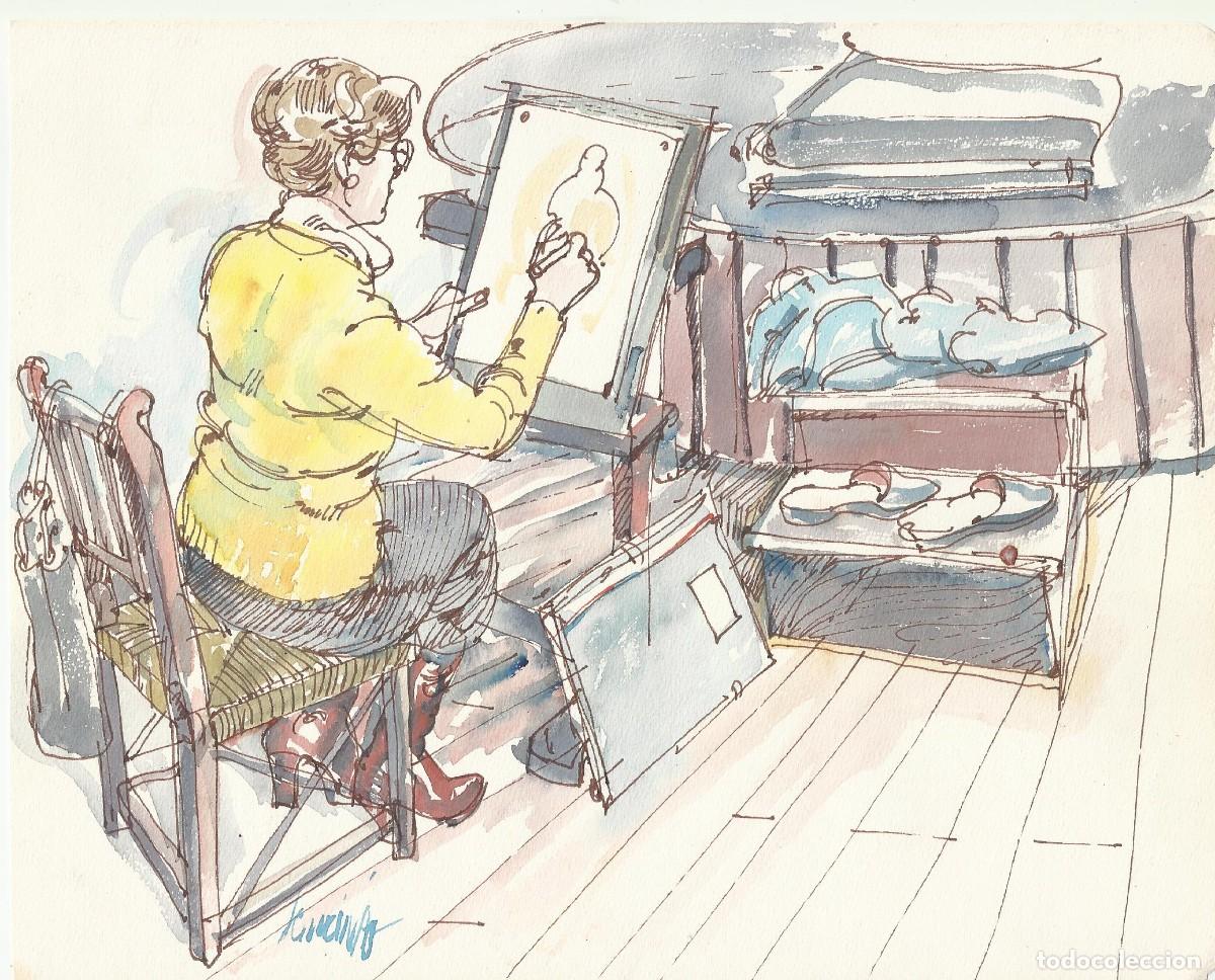 Arte: Carlos Enrique Lencinas G&oacute;mez. Acuarela y tinta sobre papel. &rdquo;Mujer dibujando&rdquo;. Firmado a mano.