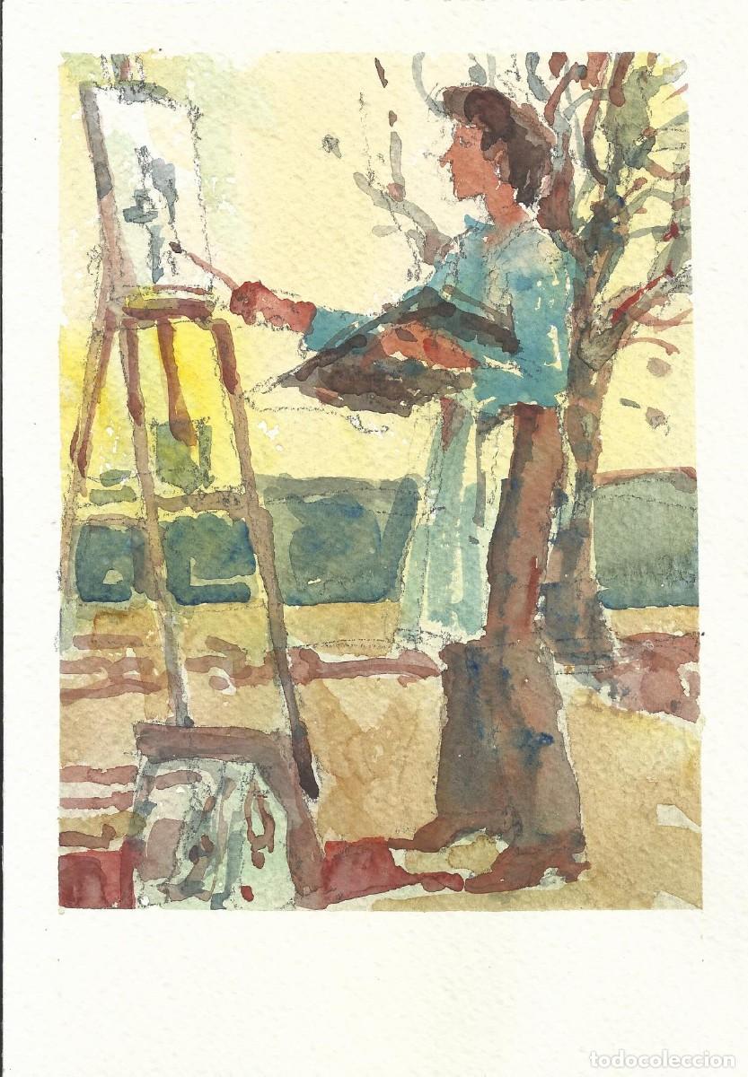 Arte: Carlos Enrique Lencinas G&oacute;mez. Acuarela sobre papel. &rdquo;Pintor pintando con caballete&rdquo;. Sin firmar.