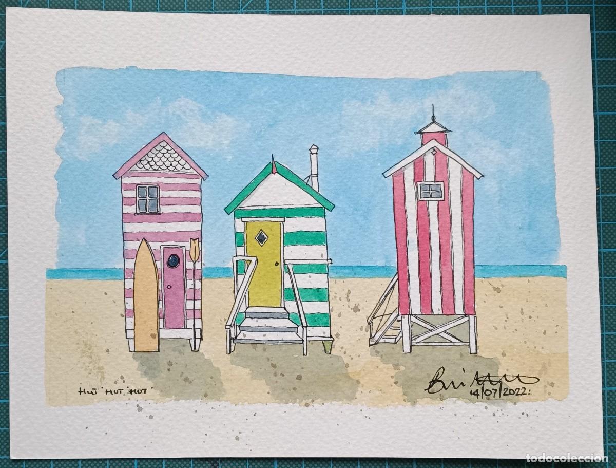 Arte: Acuarela Original - Casetas de Playa / Beach Huts - 21x16 cm - Directo del Artista