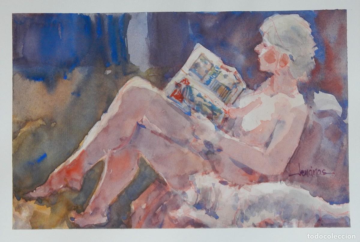 Arte: Carlos Enrique Lencinas G&oacute;mez. Acuarela sobre papel. &rdquo;Desnudo femenino leyendo&rdquo;. Firmado a mano.