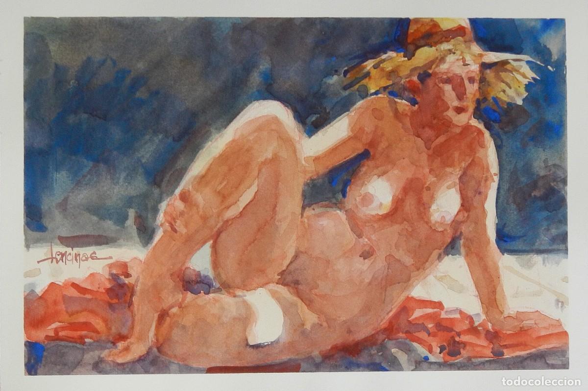 Arte: Carlos Enrique Lencinas G&oacute;mez. Acuarela sobre papel. &rdquo;Desnudo femenino posando&rdquo;. Firmado a mano.