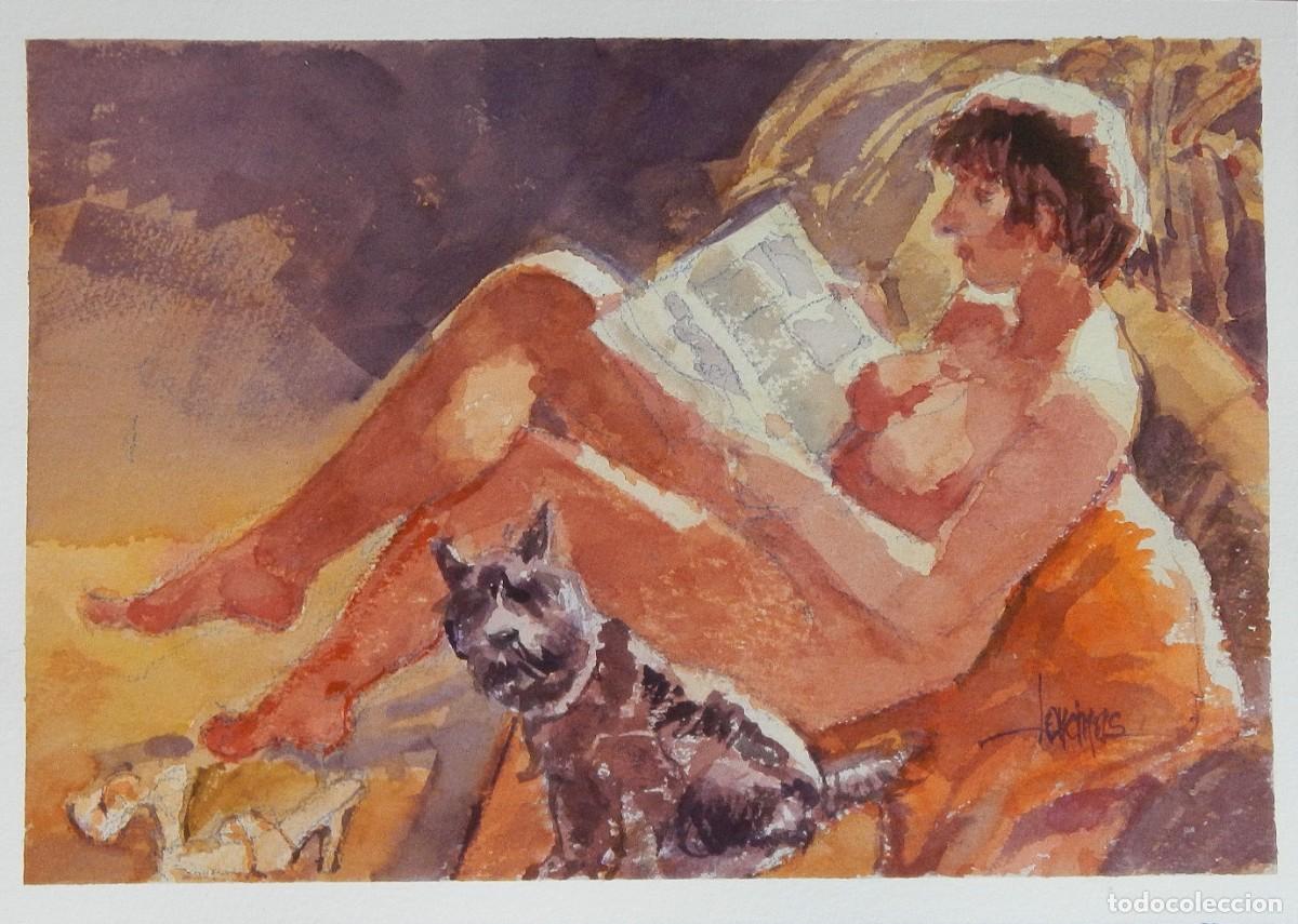 Arte: Carlos Enrique Lencinas G&oacute;mez. Acuarela sobre papel. &rdquo;Desnudo femenino y perro&rdquo;. Firmado a mano.