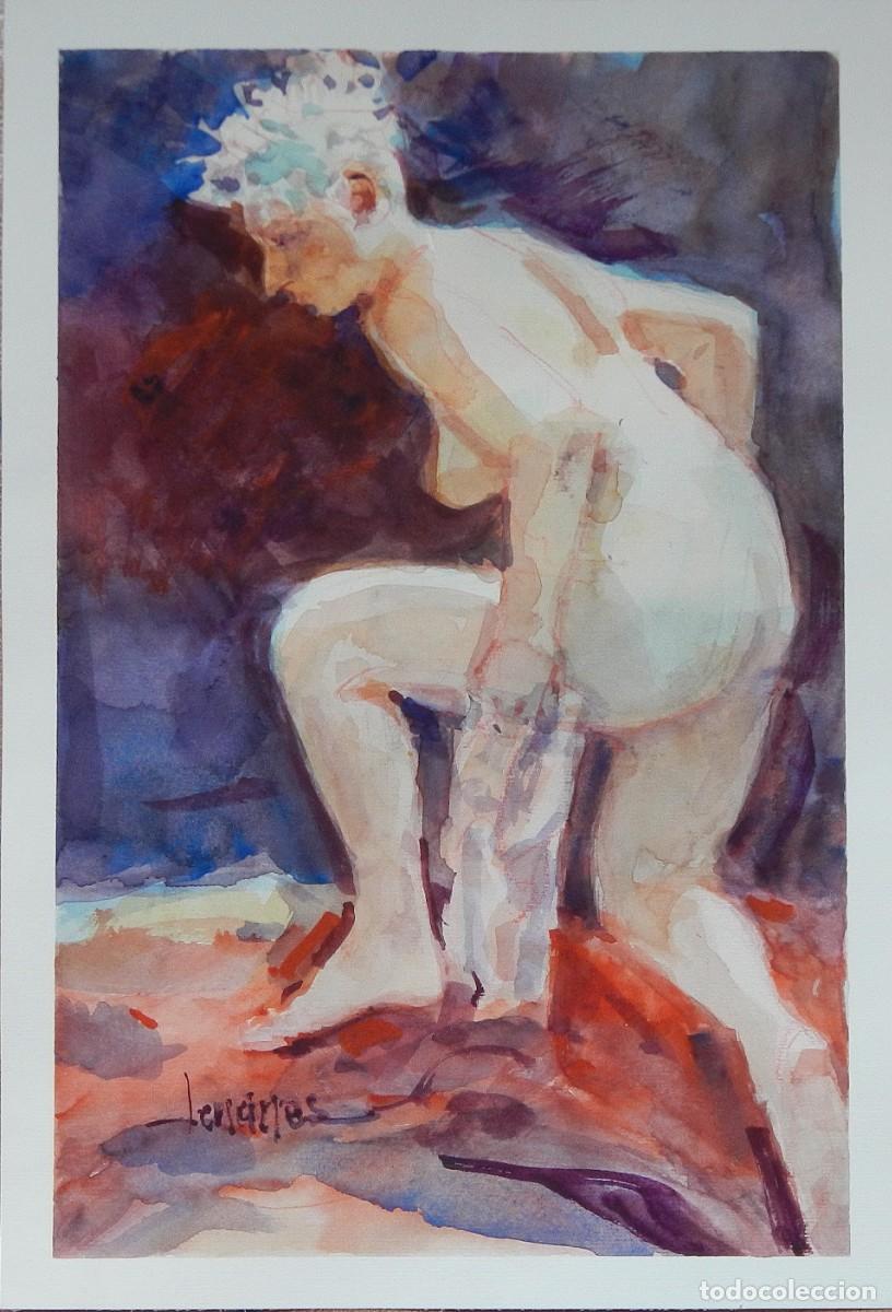 Arte: Carlos Enrique Lencinas G&oacute;mez. Acuarela sobre papel. &rdquo;Desnudo femenino agach&aacute;ndose&rdquo;. Firmado a mano.