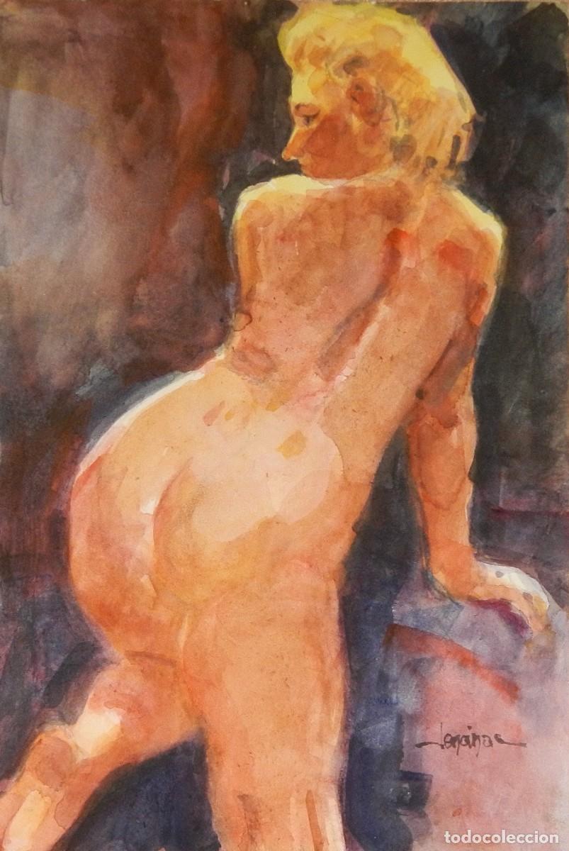 Arte: Carlos Enrique Lencinas G&oacute;mez. Acuarela sobre papel. &rdquo;Desnudo femenino de espaldas&rdquo;. Firmado a mano.