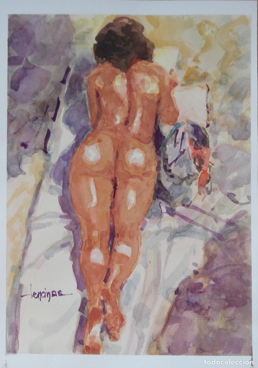 Arte: Carlos Enrique Lencinas G&oacute;mez. Acuarela sobre papel. &rdquo;Desnudo femenino de espaldas&rdquo;. Firmado a mano.