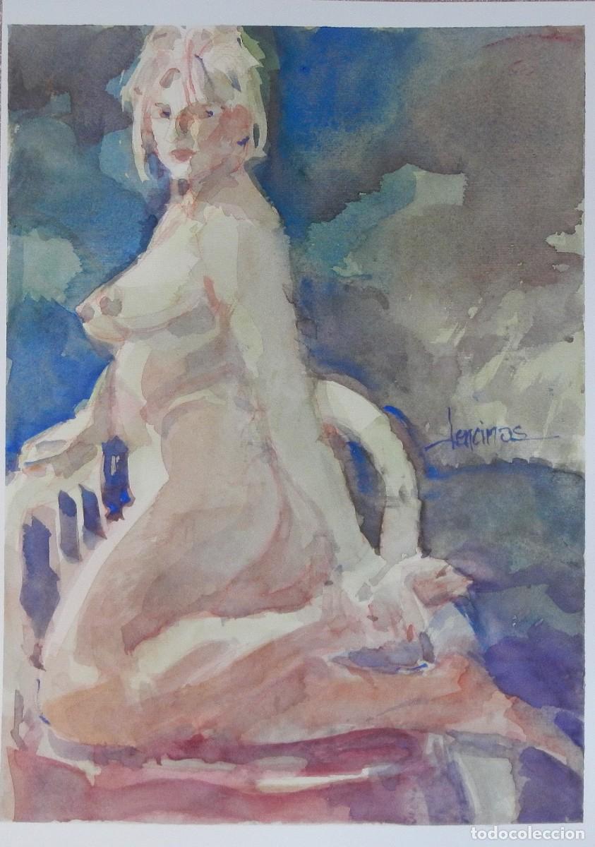 Arte: Carlos Enrique Lencinas G&oacute;mez. Acuarela sobre papel. &rdquo;Desnudo femenino&rdquo;. Firmado a mano.