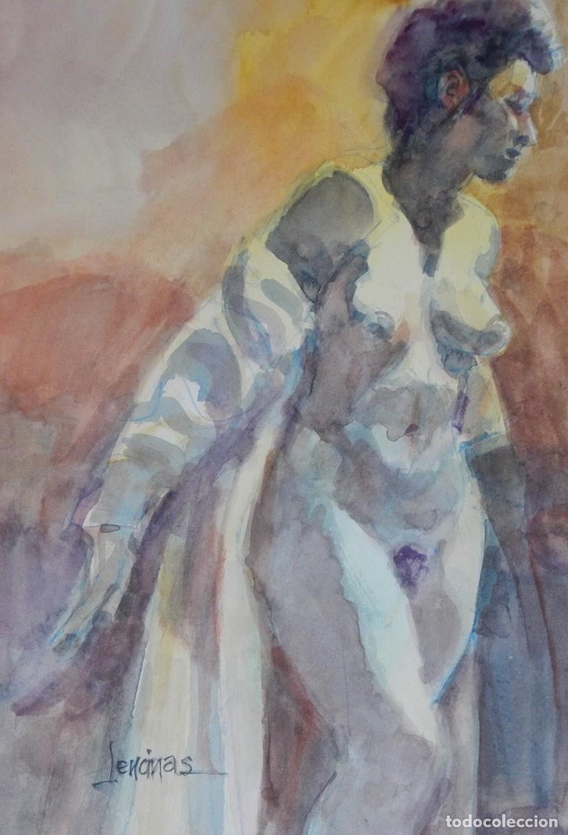 Arte: Carlos Enrique Lencinas G&oacute;mez. Acuarela sobre papel. &rdquo;Desnudo femenino con bata&rdquo;. Firmado a mano.