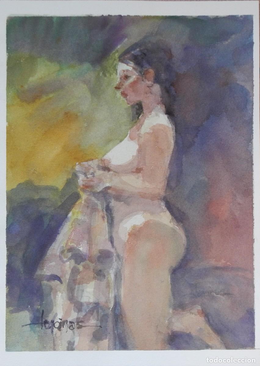 Arte: Carlos Enrique Lencinas G&oacute;mez. Acuarela sobre papel. &rdquo;Desnudo femenino con bata&rdquo;. Firmado a mano.