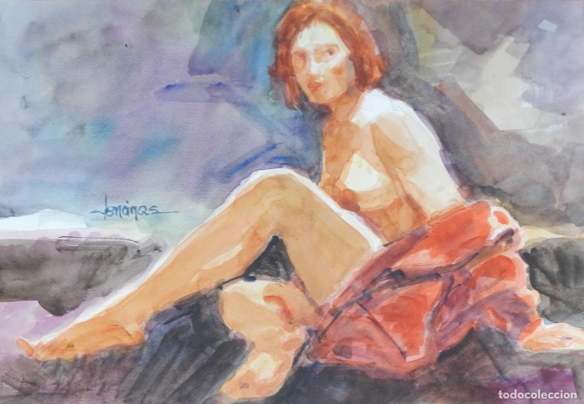Arte: Carlos Enrique Lencinas G&oacute;mez. Acuarela sobre papel. &rdquo;Desnudo femenino con bata&rdquo;. Firmado a mano.