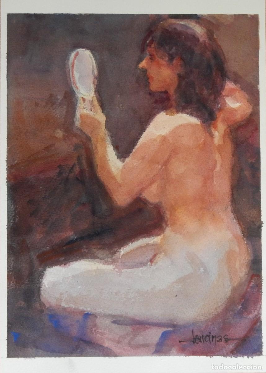 Arte: Carlos Enrique Lencinas G&oacute;mez. Acuarela sobre papel. &rdquo;Desnudo femenino con espejo&rdquo;. Firmado a mano.