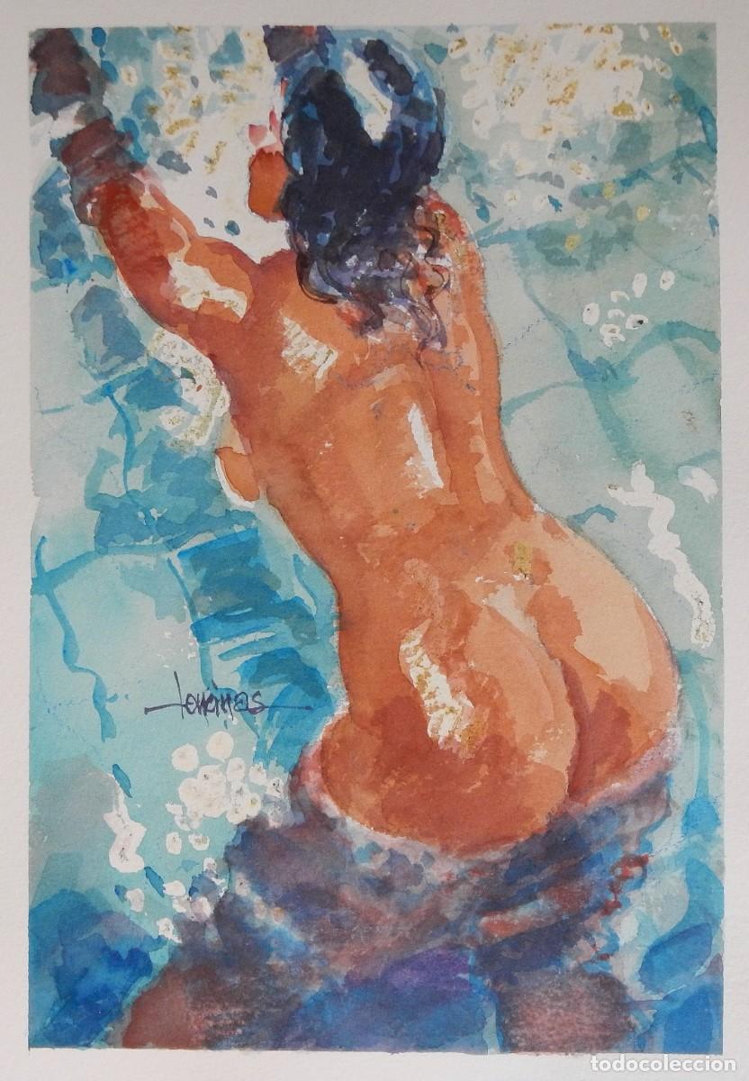 Arte: Carlos Enrique Lencinas G&oacute;mez. Acuarela sobre papel. &rdquo;Desnudo femenino en piscina&rdquo;. Firmado a mano.