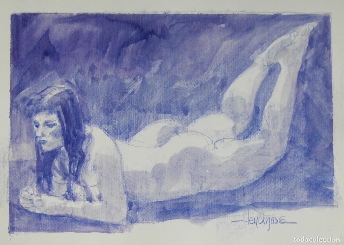 Arte: Carlos Enrique Lencinas G&oacute;mez. Acuarela sobre papel. &rdquo;Desnudo femenino violeta&rdquo;. Firmado a mano.