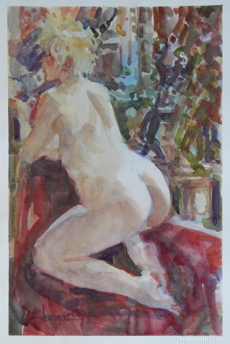 Arte: Carlos Enrique Lencinas G&oacute;mez. Acuarela sobre papel. &rdquo;Desnudo femenino de espaldas&rdquo;. Firmado a mano.