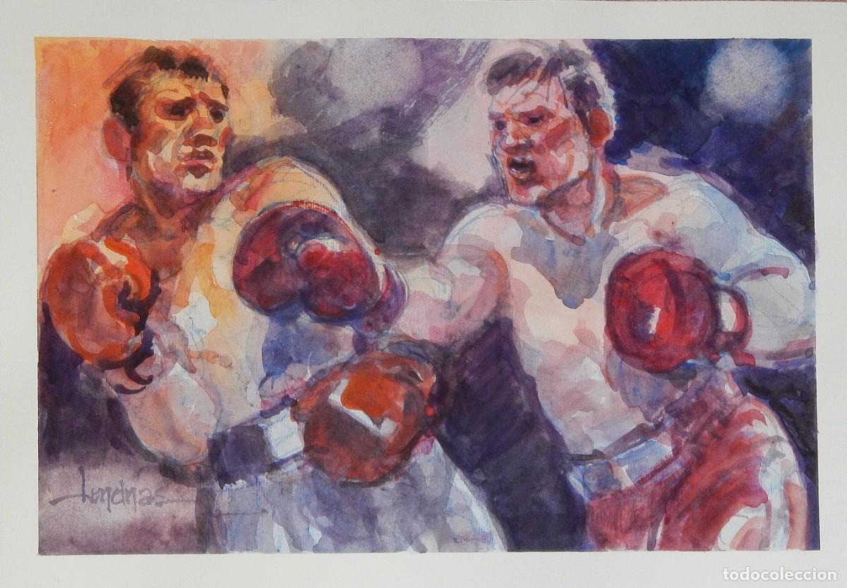 Arte: Carlos Enrique Lencinas G&oacute;mez. Acuarela sobre papel. &rdquo;Boxeadores boxeando&rdquo;. Firmado a mano.