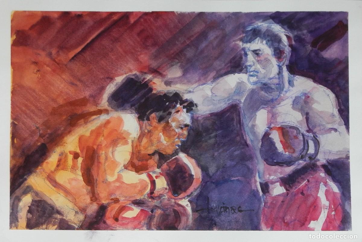 Arte: Carlos Enrique Lencinas G&oacute;mez. Acuarela sobre papel. &rdquo;Boxeadores boxeando&rdquo;. Firmado a mano.