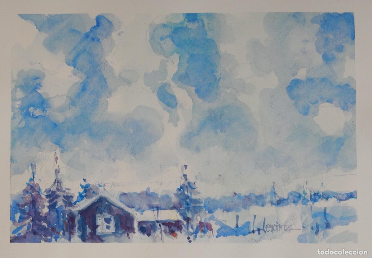 Arte: Carlos Enrique Lencinas G&oacute;mez. Acuarela sobre papel. &rdquo;Paisaje nevado y abetos&rdquo;. Firmado a mano.