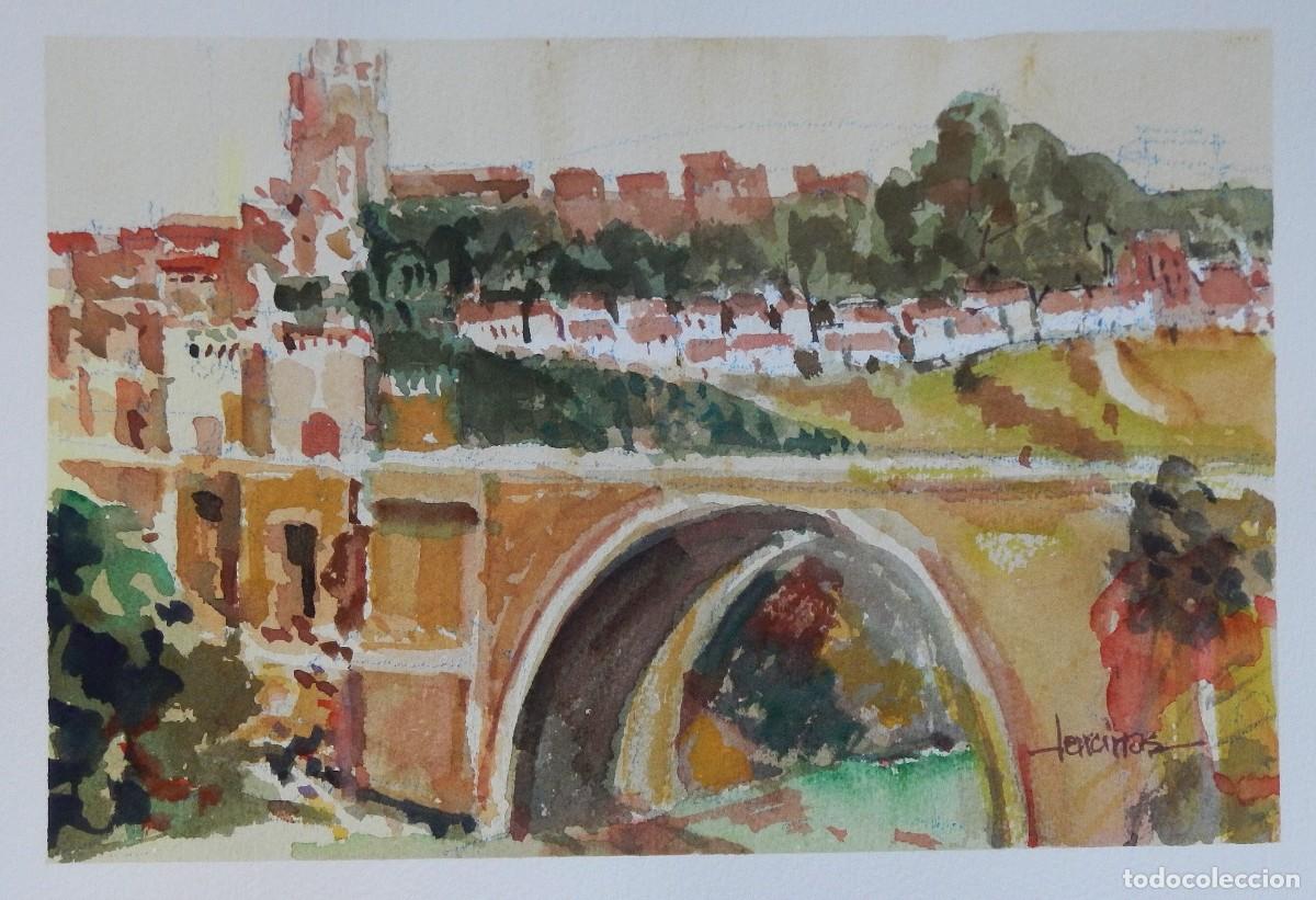 Arte: Carlos Enrique Lencinas G&oacute;mez. Acuarela sobre papel. &rdquo;Ciudad amurallada y puente&rdquo;. Firmado a mano.