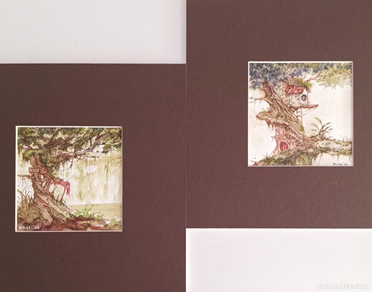 Arte: Lote 2 acuarelas originales firmadas &ndash; &Aacute;rboles y casas fant&aacute;sticas &ndash; Arte original