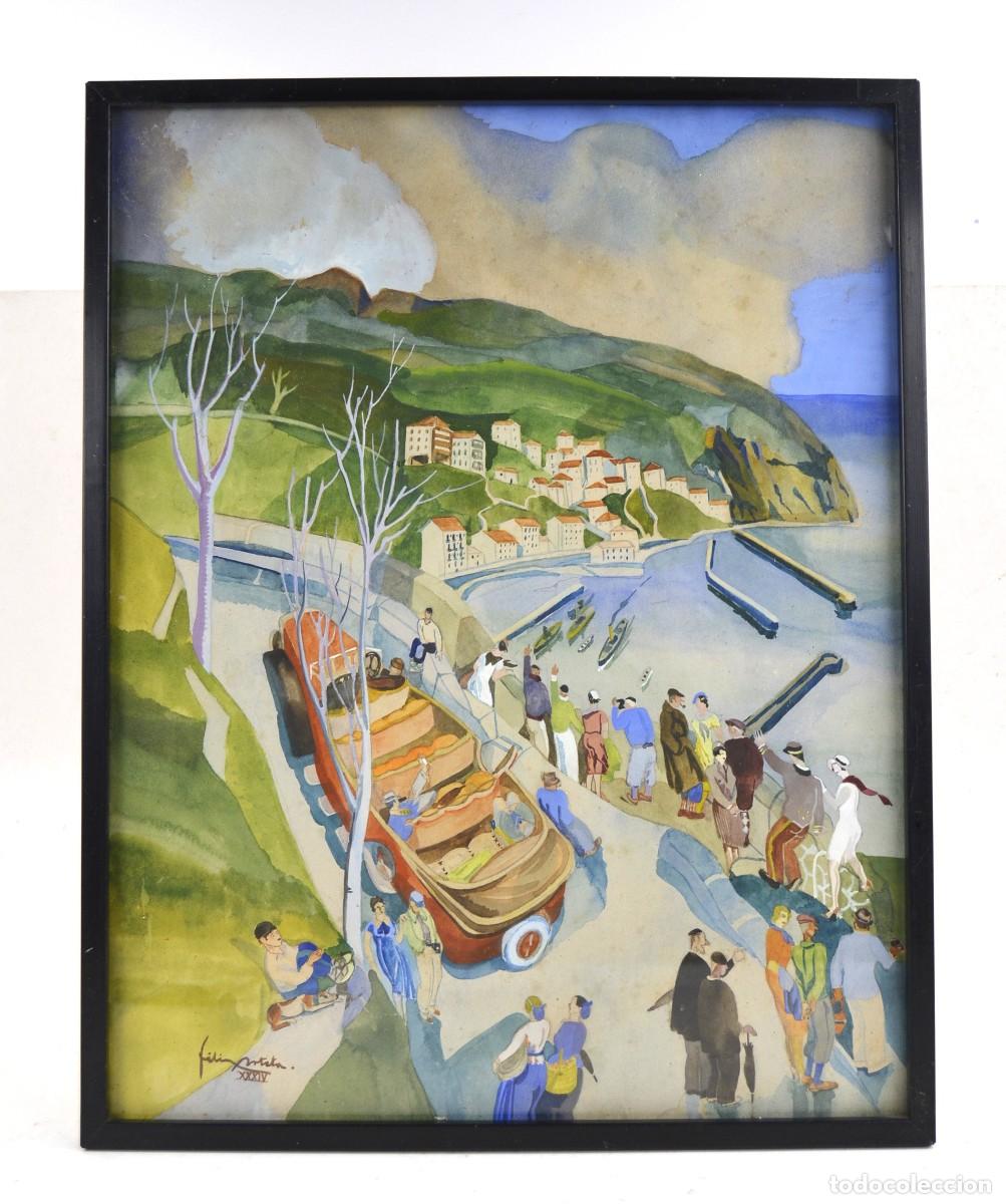 Arte: F&eacute;lix Arteta, turistas en el puerto, 1934, acuarela sobre papel, firmada, con marco.