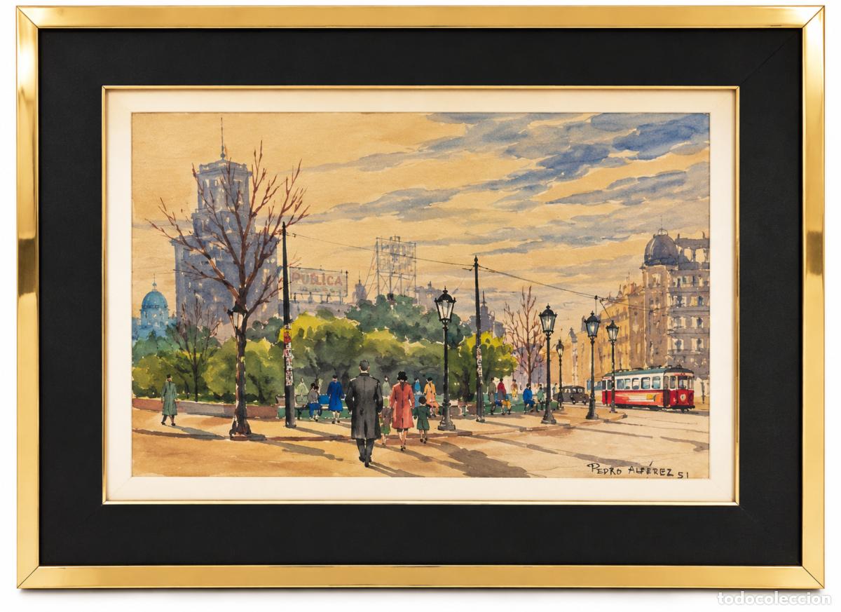 Arte: PEDRO ALFEREZ GONZALEZ - VISTA DE BARCELONA - ACUARELA - 67 x 51 cm.