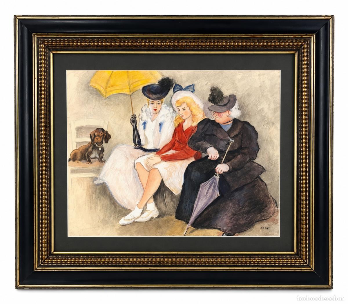 Art: RICARDO OPISSO- ABUELA MADRE E HIJA CON PERRO - ACUARELA PAPEL