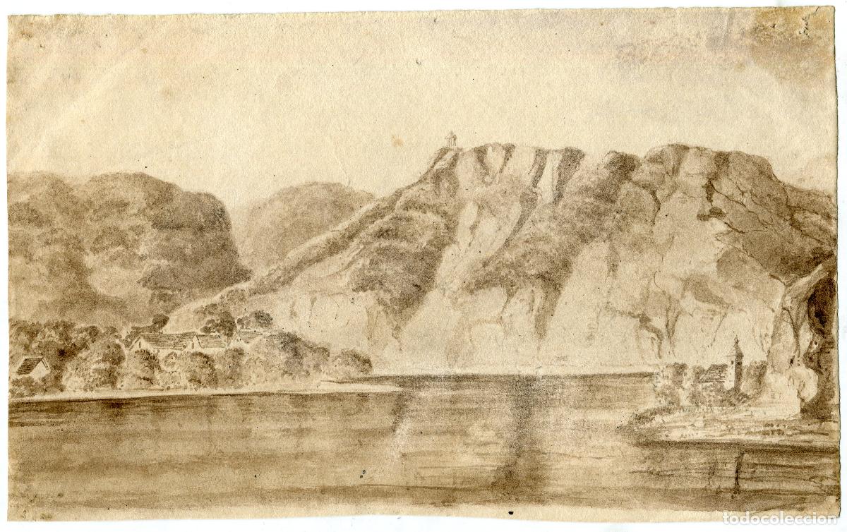 Arte: El Rin en Boppard - dibujo original a la aguada sepia - s. XIX